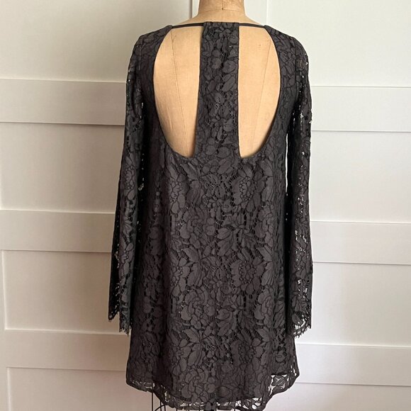 Charcoal Gray Lace Cocktail Dress Size XS, Low Back, Scoop Neck, Bell Sleeve - Picture 5 of 10